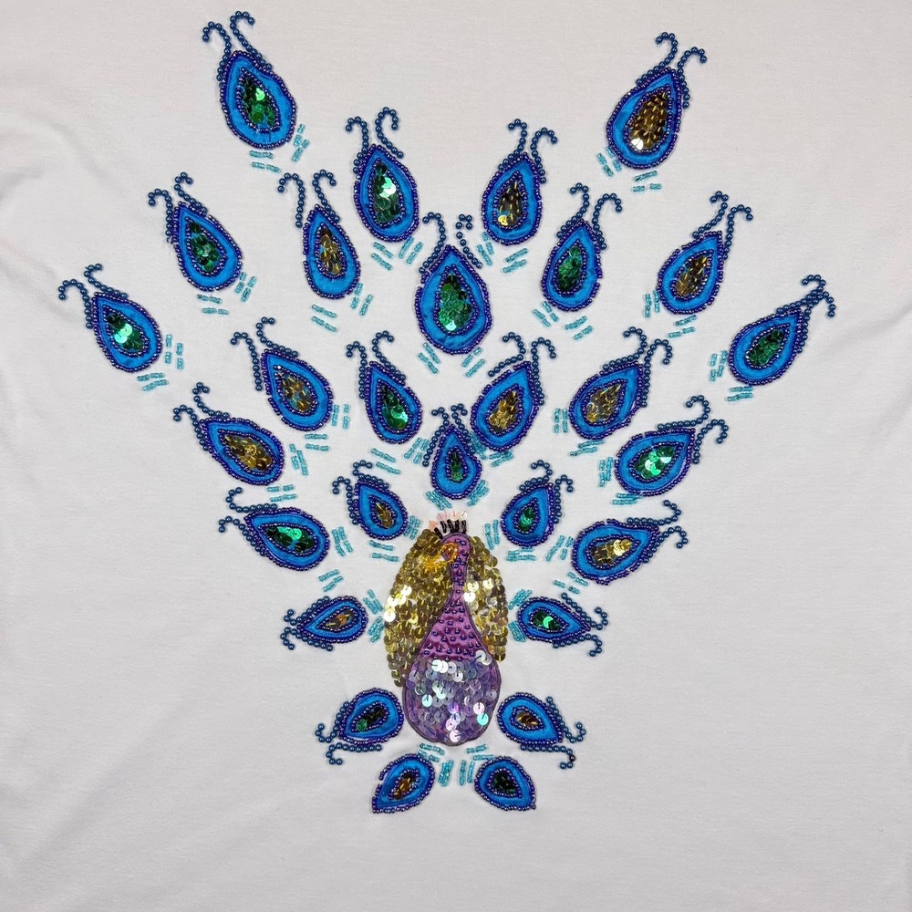 VTG Victoria Harbour Peacock Sequin Beaded Shirt Small AS IS Sleeve Mark Retro‎